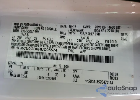 2017 Ford Escape Se из США, поврежденный, VIN 1FMCU0GD6HUC05574